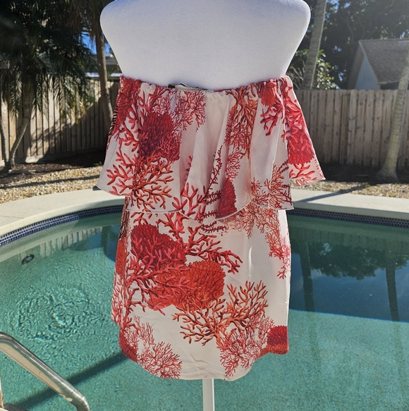 NEW Ruffle Top Size S White Red Silk Resortwear Tropical Beach Strapless Summer - Picture 5 of 11
